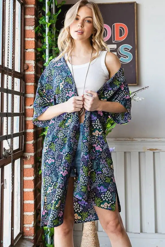 Navy Half Sleeve Floral Kimono - Kimonos