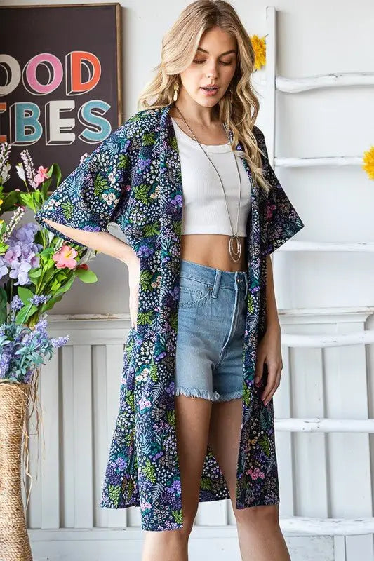 Navy Half Sleeve Floral Kimono - Kimonos