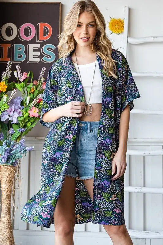 Navy Half Sleeve Floral Kimono - Kimonos