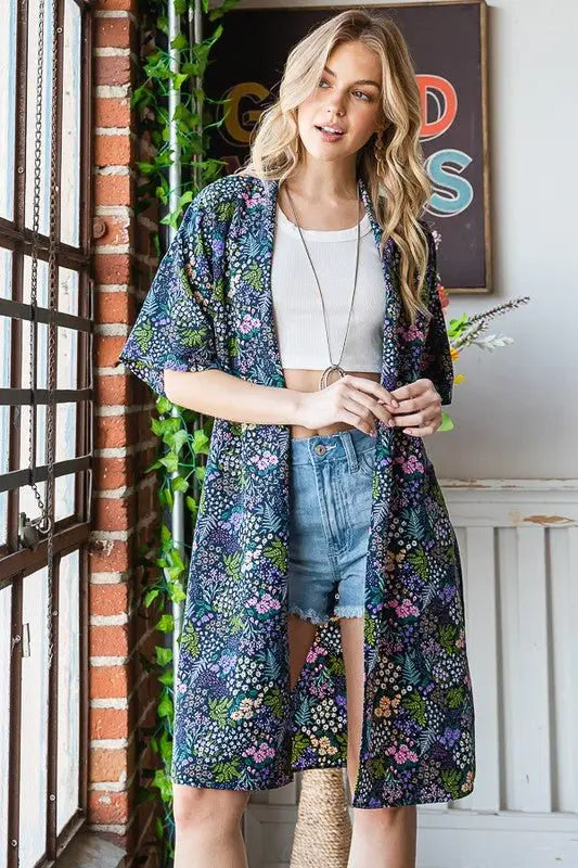 Navy Half Sleeve Floral Kimono - Kimonos