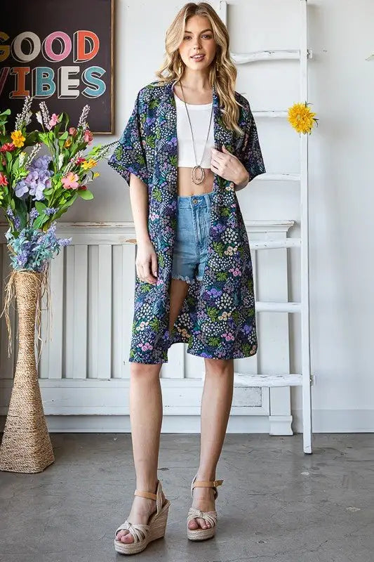 Navy Half Sleeve Floral Kimono - Kimonos