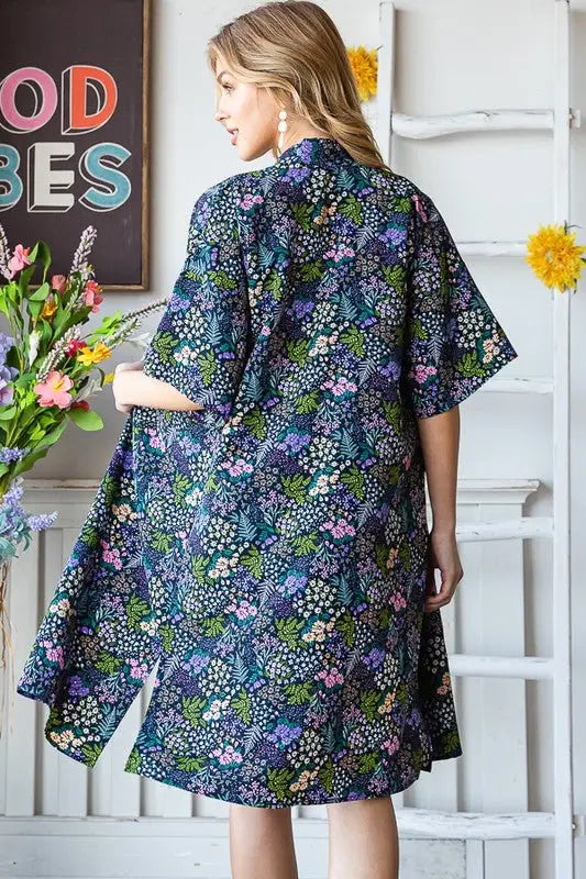 Navy Half Sleeve Floral Kimono - Kimonos