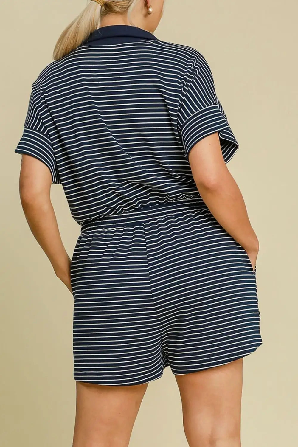 Navy Half Zip Striped Romper - Eclectage