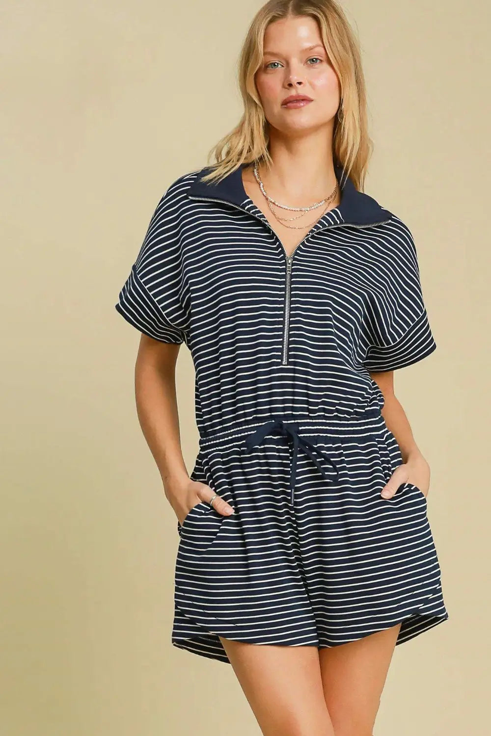 Navy Half Zip Striped Romper - Eclectage