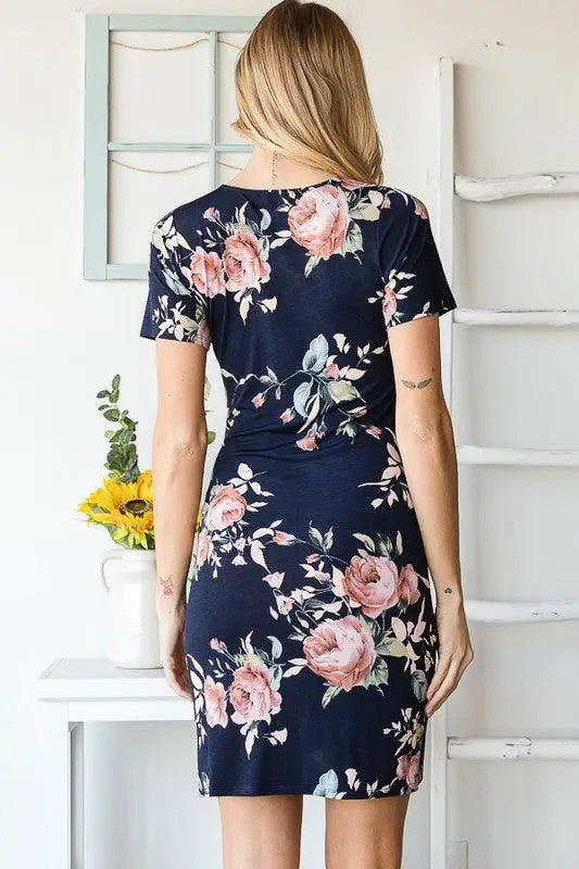 Navy Ruched Floral Mini Dress - Mini Dresses