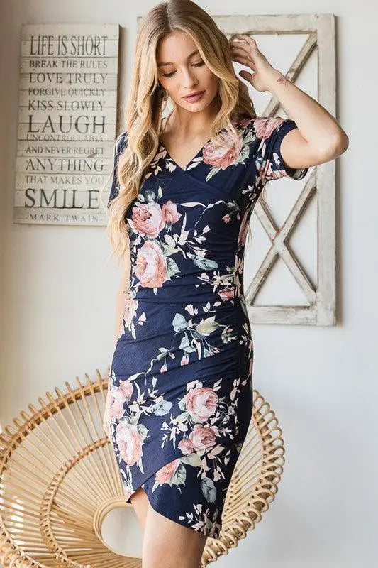 Navy Ruched Floral Mini Dress - Mini Dresses