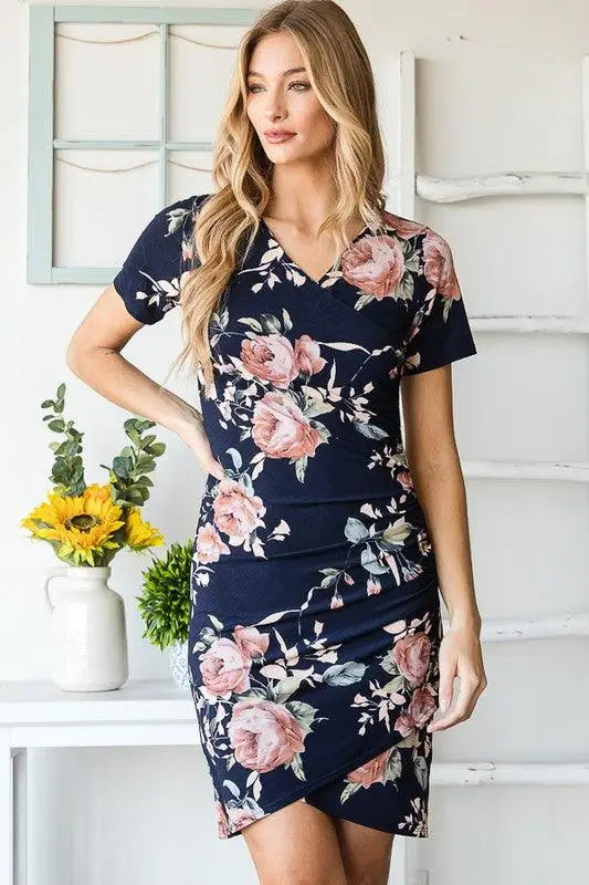 Navy Ruched Floral Mini Dress - Mini Dresses