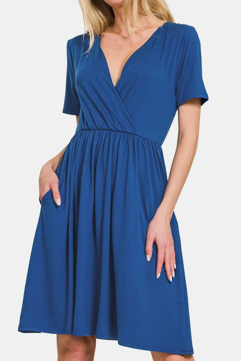 Navy Surplice Short Sleeve Dress - Eclectage