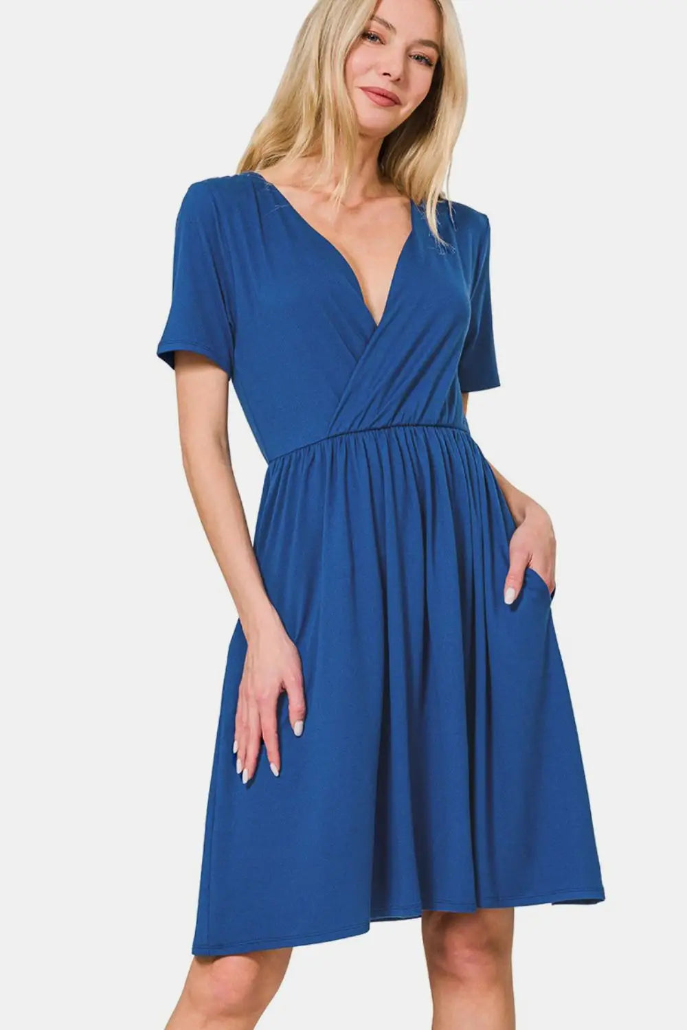 Navy Surplice Short Sleeve Dress - Eclectage