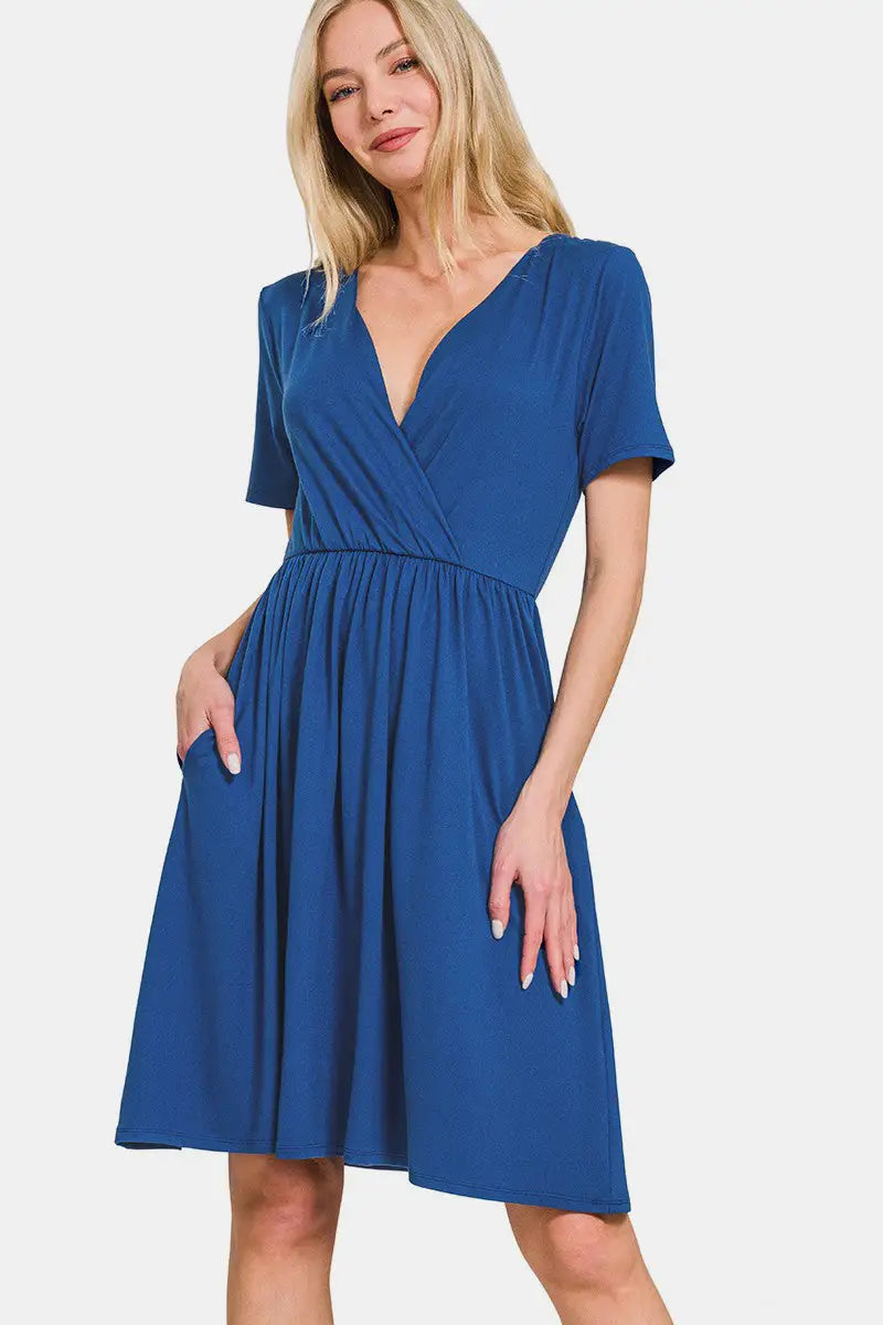 Navy Surplice Short Sleeve Dress - Eclectage