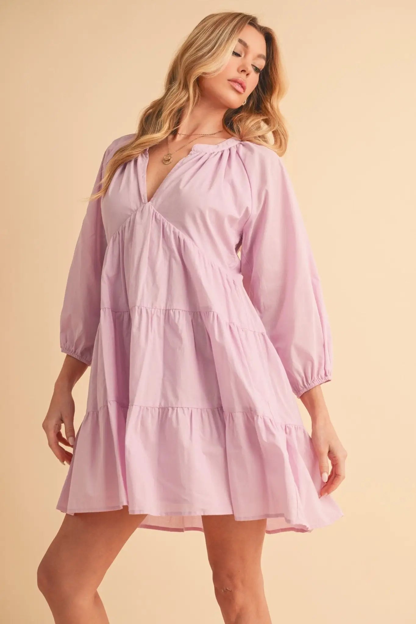 Notched Balloon Sleeve Tiered Mini Dress - Mini Dresses