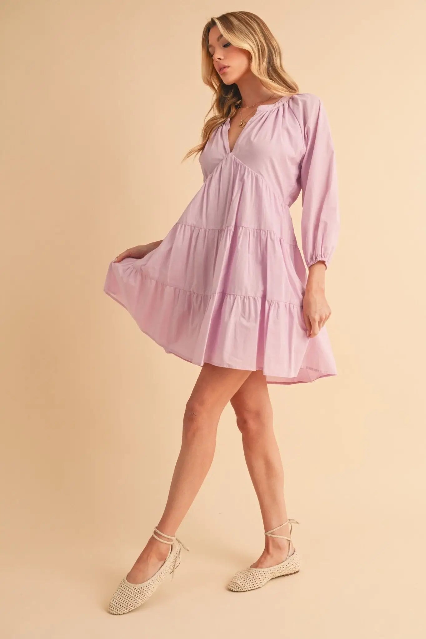Notched Balloon Sleeve Tiered Mini Dress - Mini Dresses