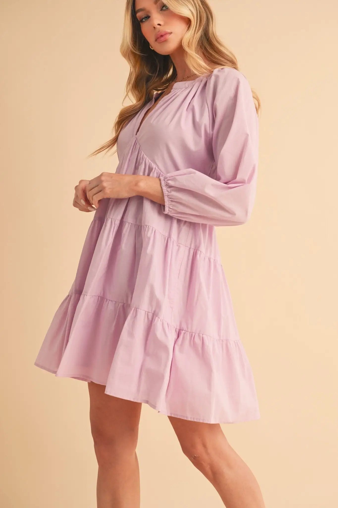 Notched Balloon Sleeve Tiered Mini Dress - Mini Dresses