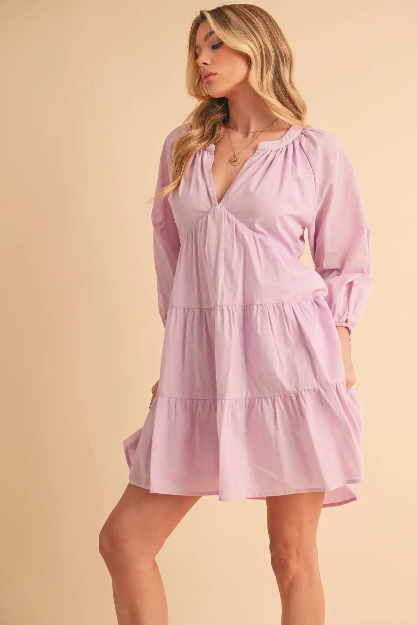 Notched Balloon Sleeve Tiered Mini Dress - Mini Dresses