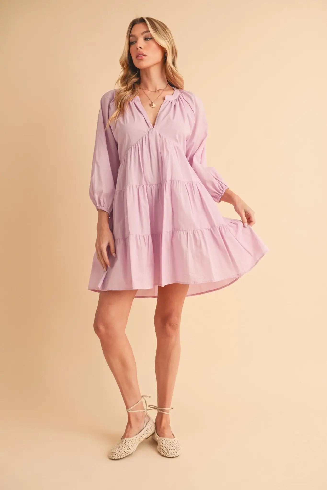 Notched Balloon Sleeve Tiered Mini Dress - Mini Dresses