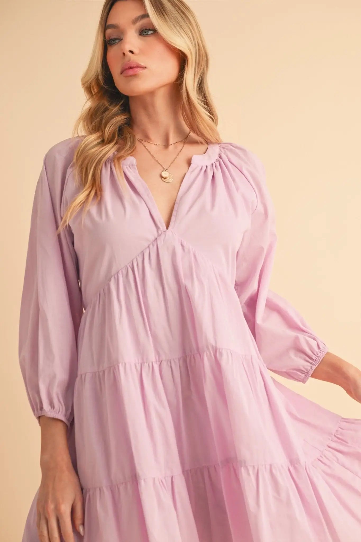 Notched Balloon Sleeve Tiered Mini Dress - Mini Dresses