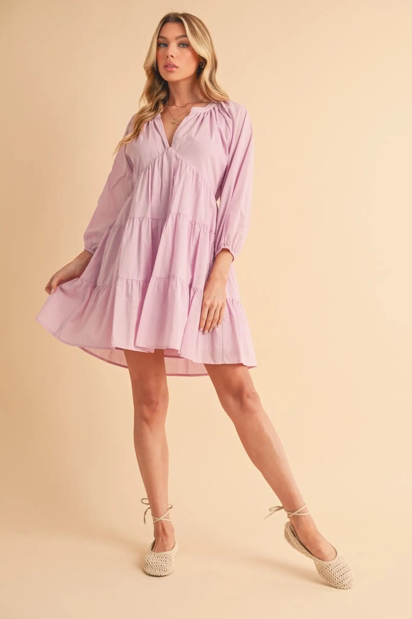 Notched Balloon Sleeve Tiered Mini Dress - Mini Dresses