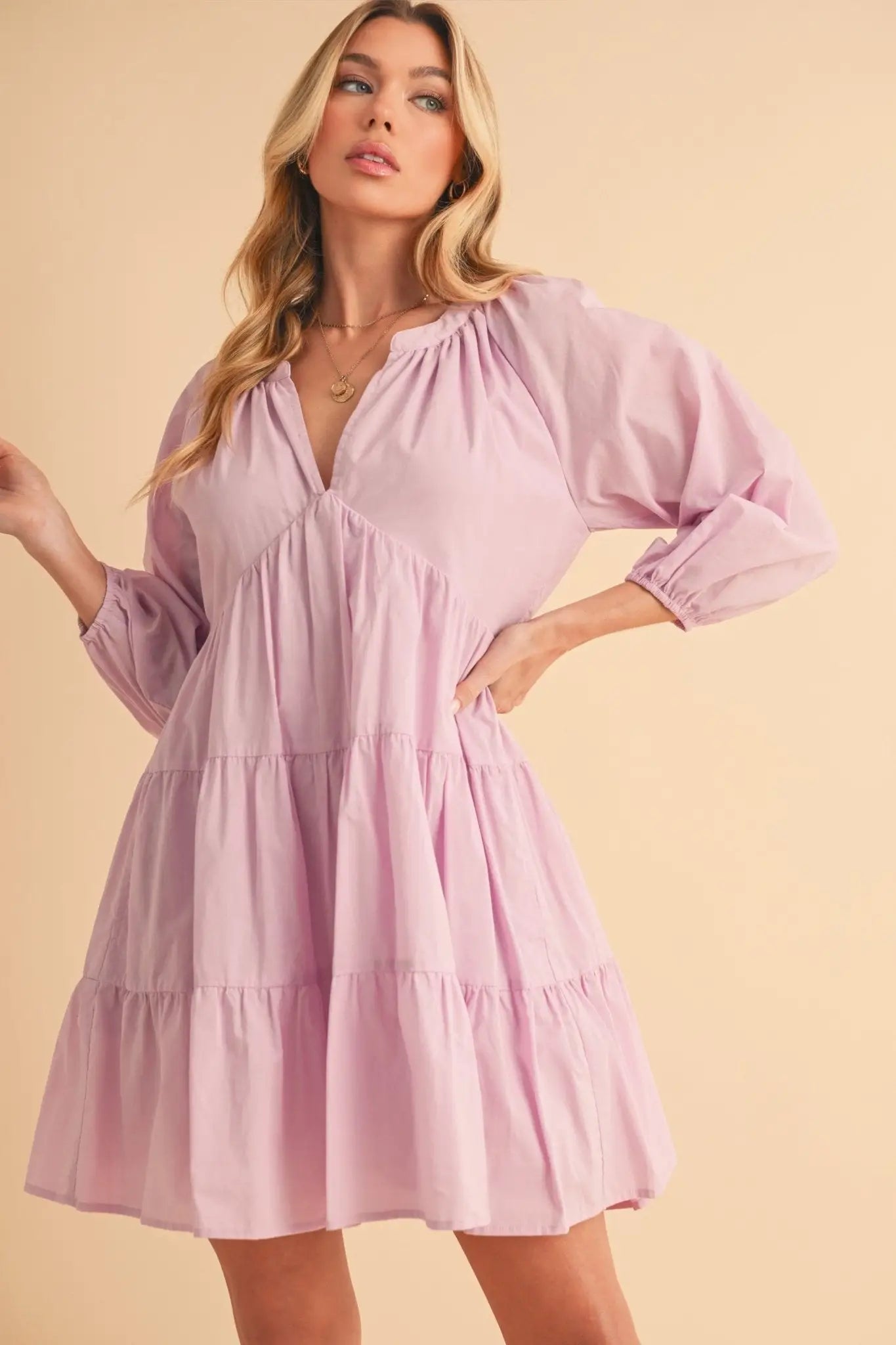 Notched Balloon Sleeve Tiered Mini Dress - Mini Dresses