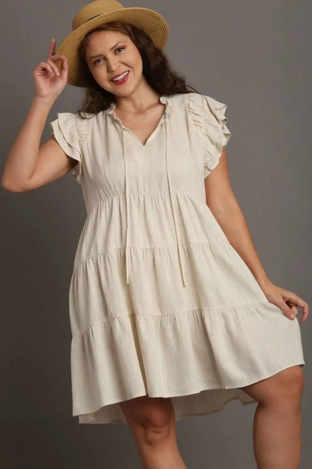 Oatmeal Linen Tiered Mini Dress - Eclectage