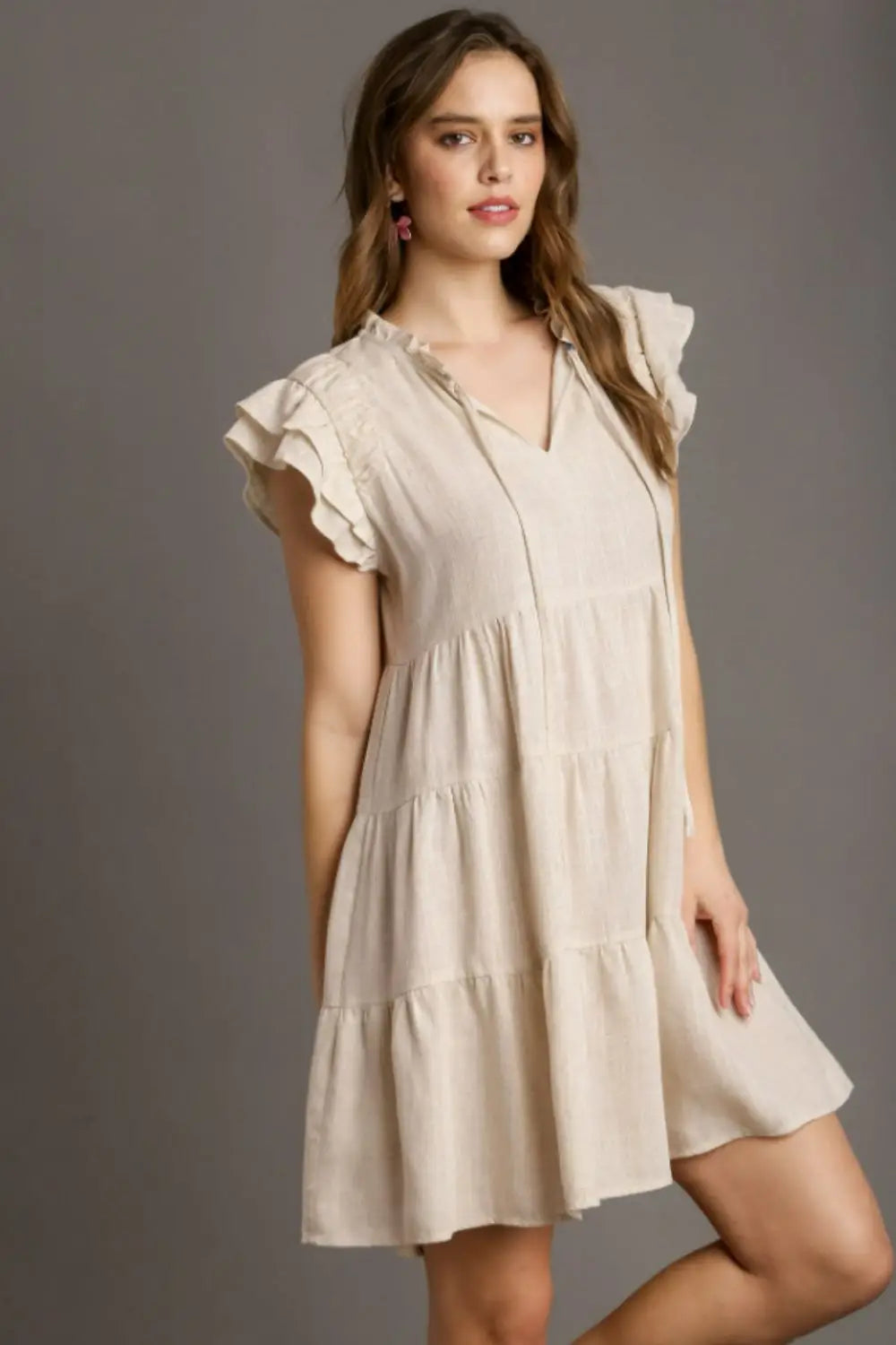 Oatmeal Linen Tiered Mini Dress - Eclectage