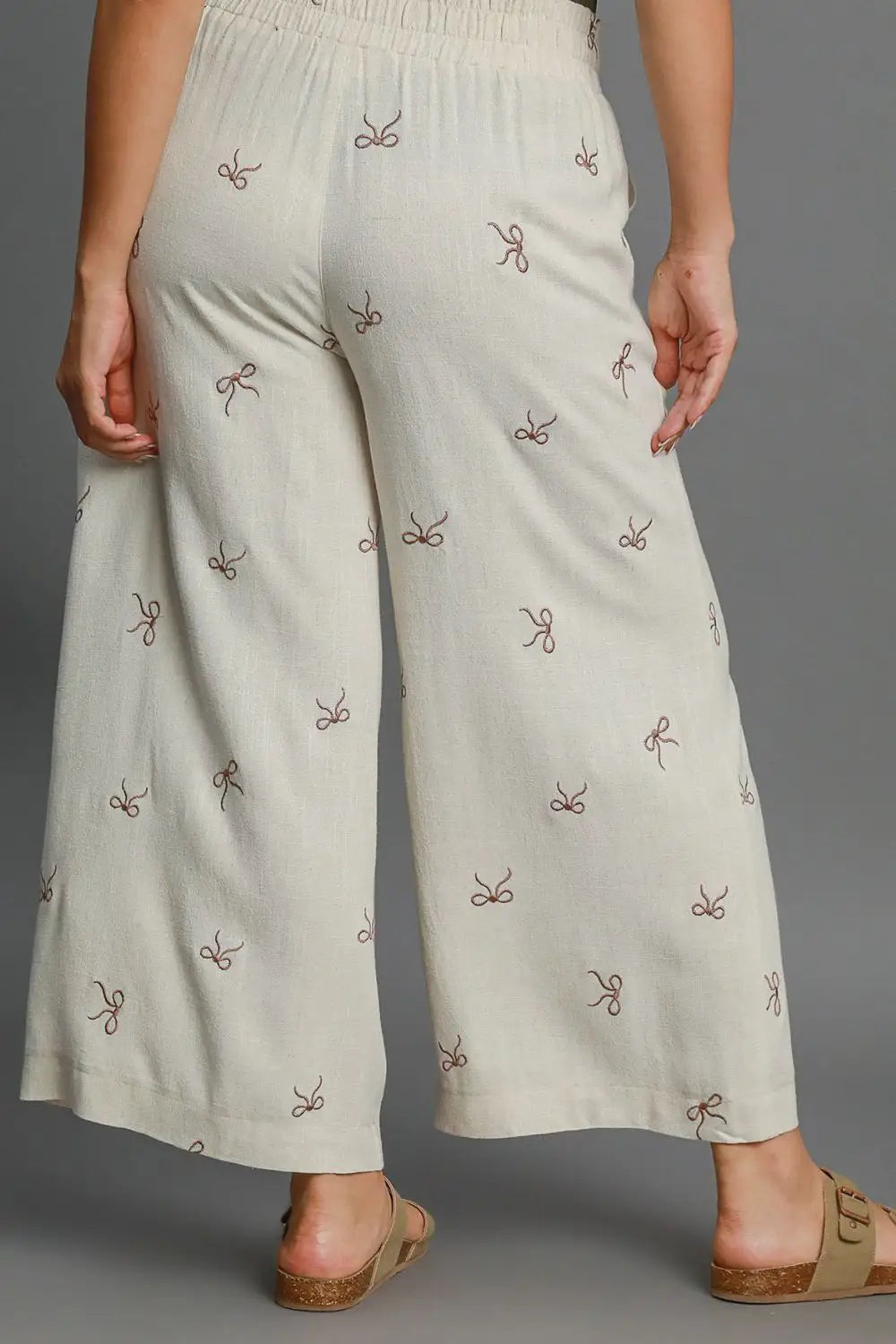 Umgee Full Size Lace Drawstring Embroidered Bow Wide Leg Pants Plus Size - Eclectage