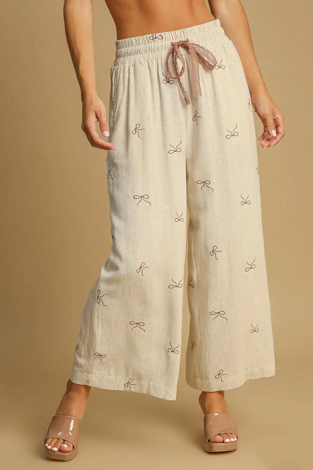 Umgee Full Size Lace Drawstring Embroidered Bow Wide Leg Pants Plus Size - Eclectage