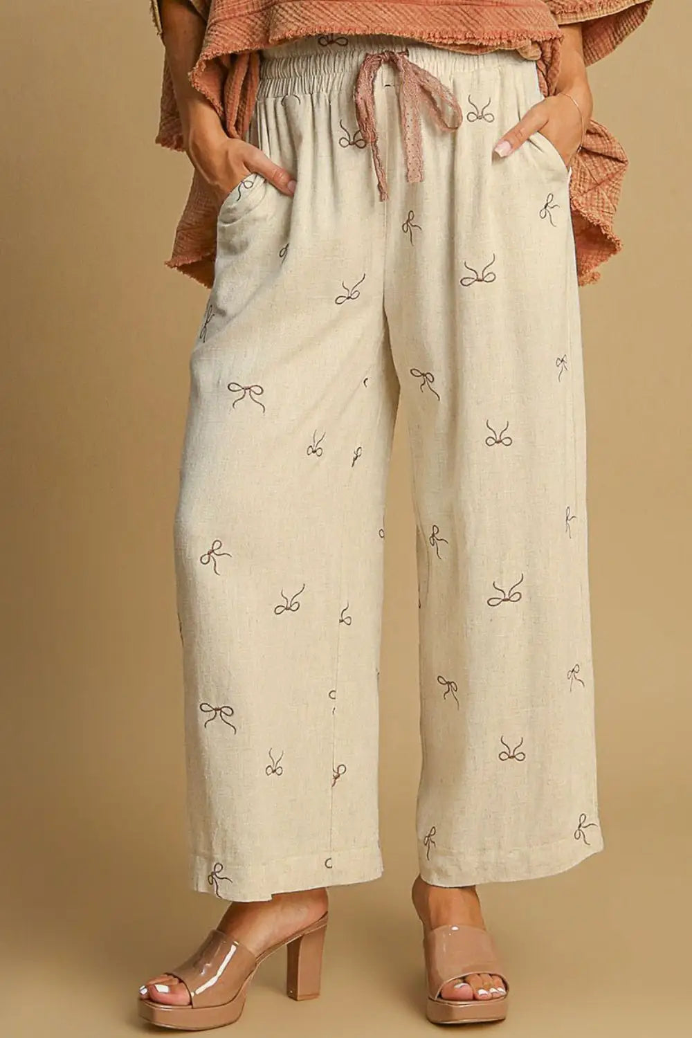 Umgee Full Size Lace Drawstring Embroidered Bow Wide Leg Pants Plus Size - Eclectage