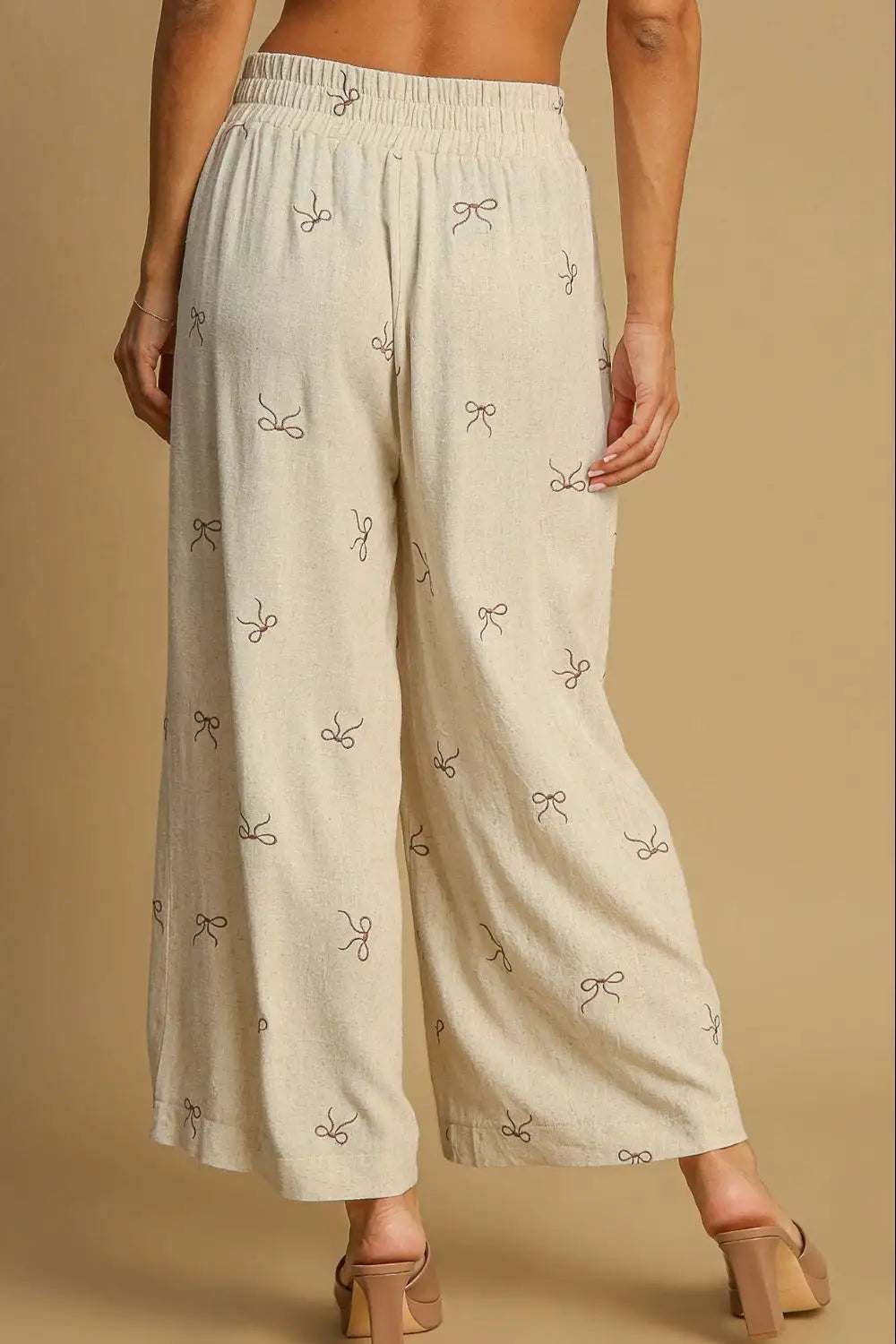 Umgee Full Size Lace Drawstring Embroidered Bow Wide Leg Pants Plus Size - Eclectage