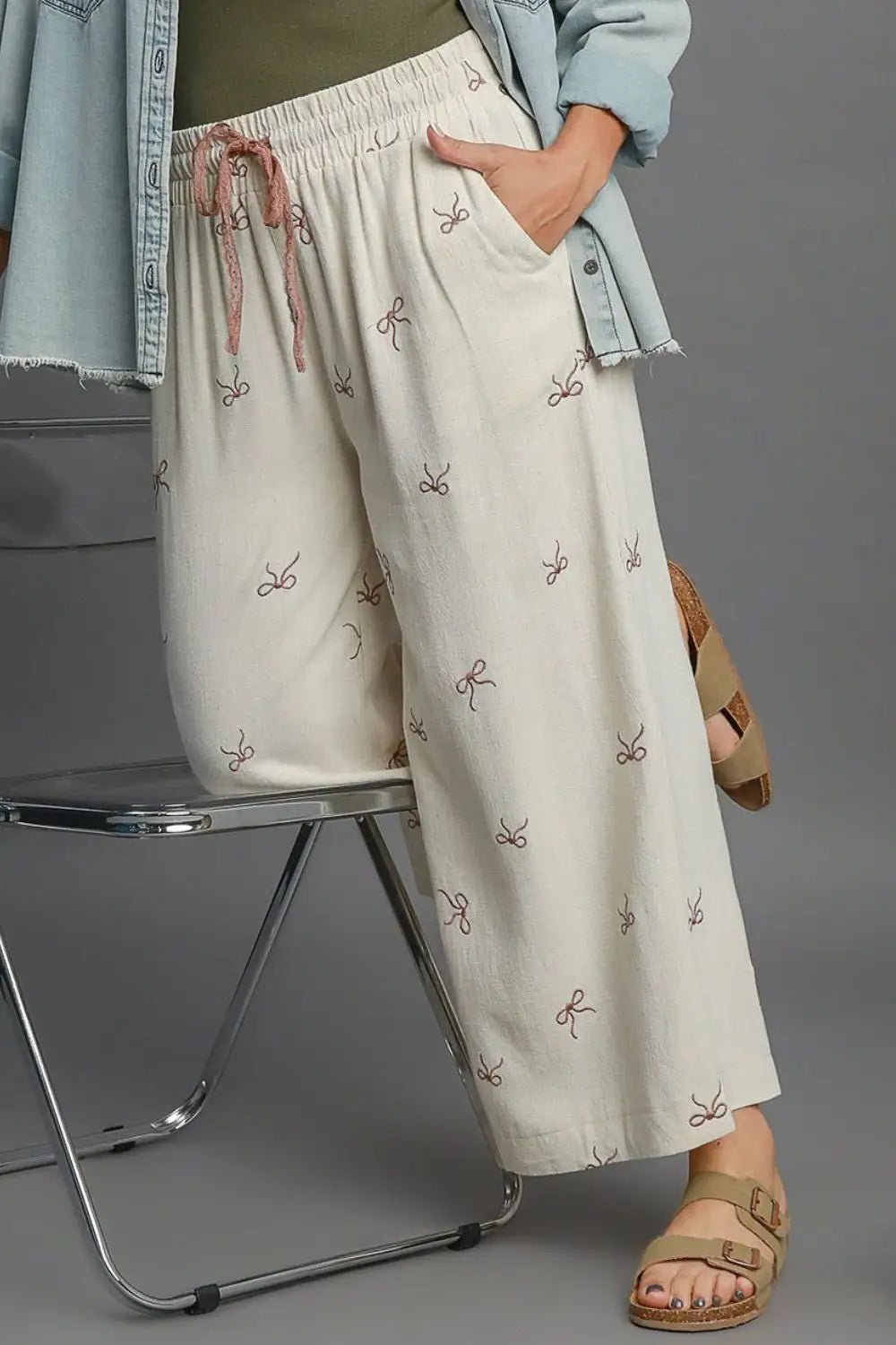 Umgee Full Size Lace Drawstring Embroidered Bow Wide Leg Pants Plus Size - Eclectage