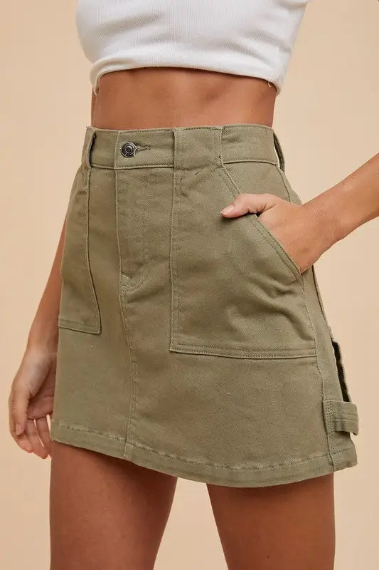 Olive Cargo Denim Mini Skirt - Eclectage