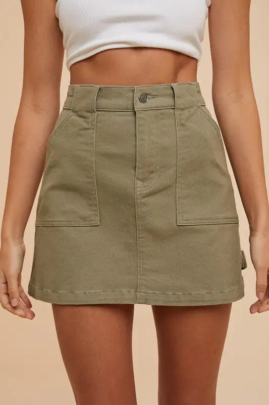 Olive Cargo Denim Mini Skirt - Eclectage