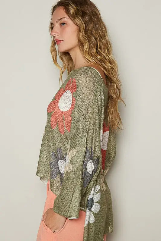 POL Flower Dropped Shoulder Long Sleeve Knit Top - Eclectage