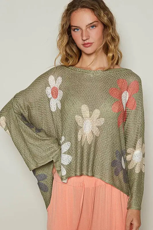 POL Flower Dropped Shoulder Long Sleeve Knit Top - Eclectage