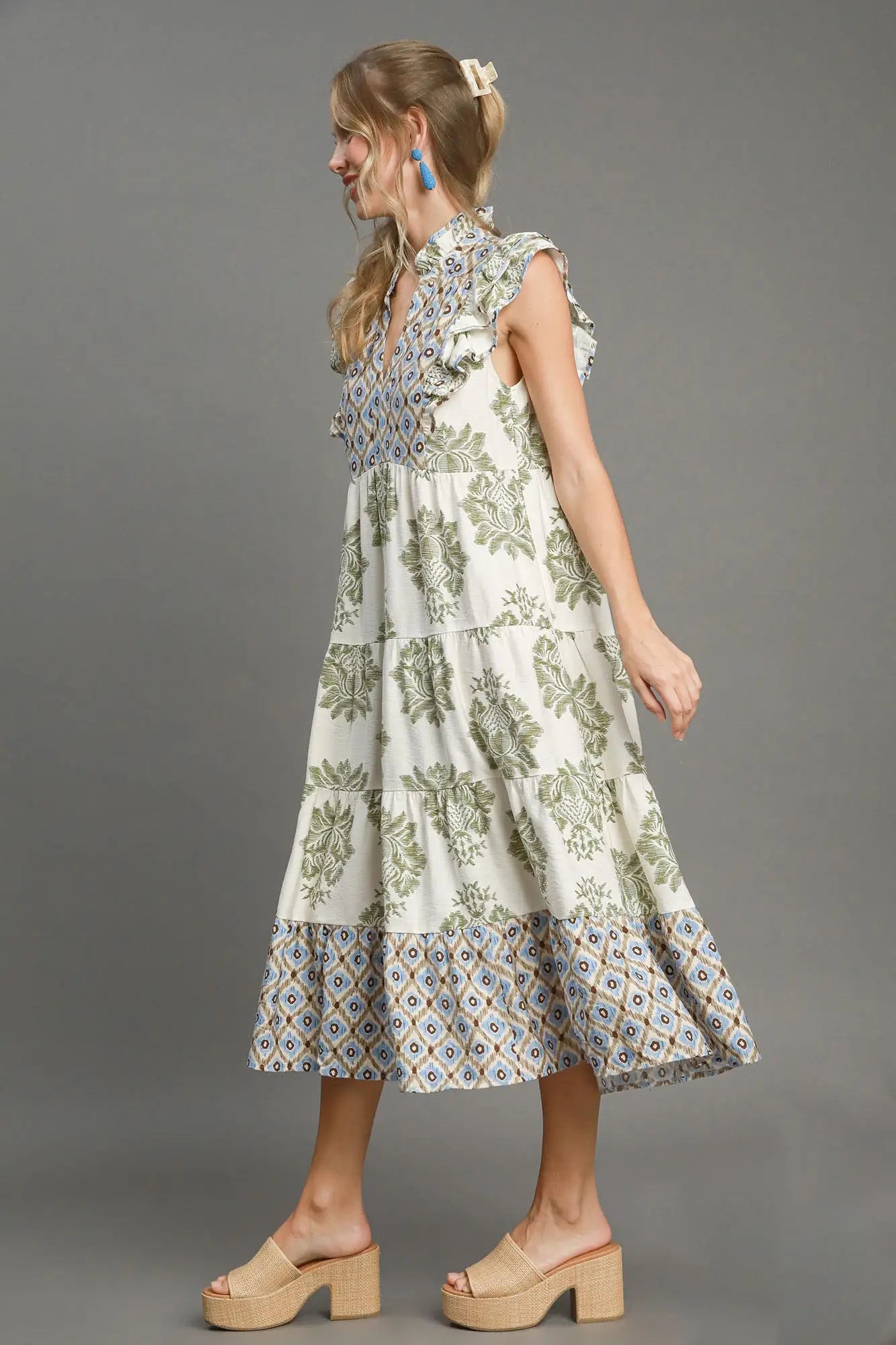 Umgee Full Size Mixed Print Ruffle Cap Sleeve Midi Dress Plus Size - Eclectage