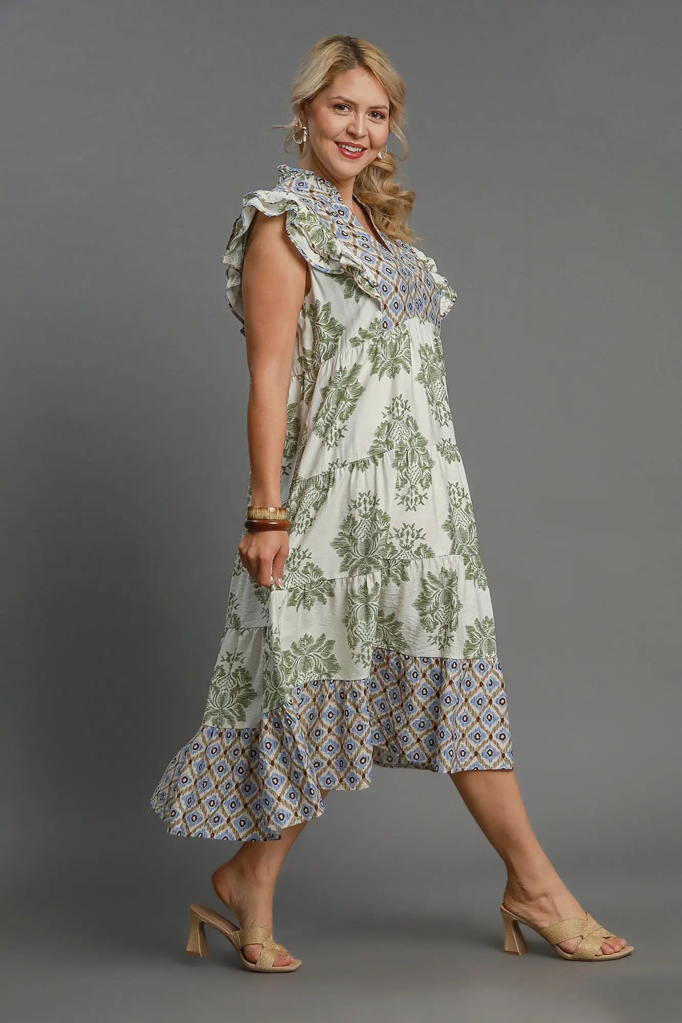 Umgee Full Size Mixed Print Ruffle Cap Sleeve Midi Dress Plus Size - Eclectage
