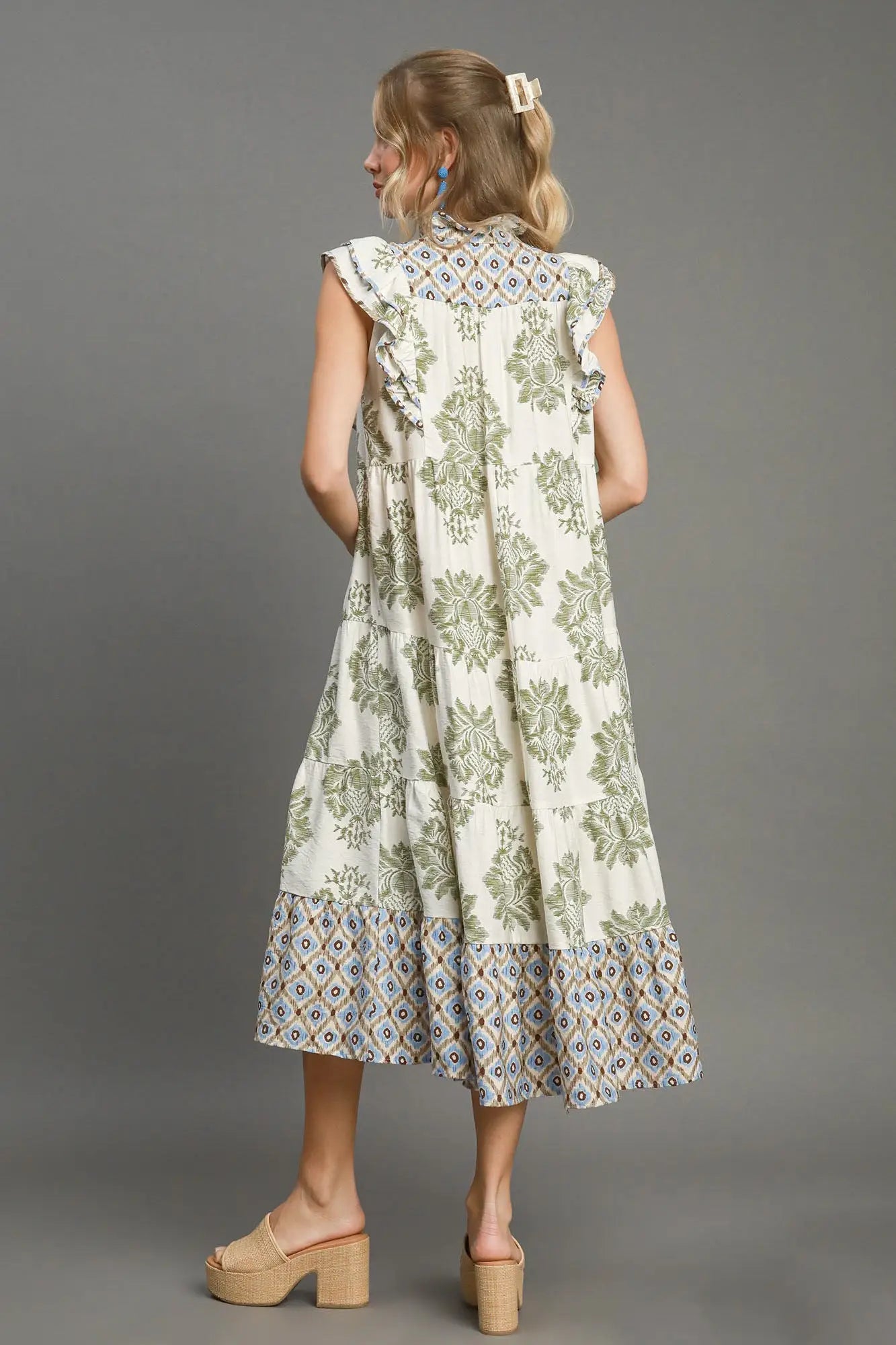 Umgee Full Size Mixed Print Ruffle Cap Sleeve Midi Dress Plus Size - Eclectage