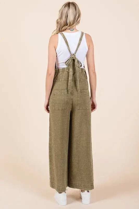 Olive Textured Wide Leg Overalls - Overalls