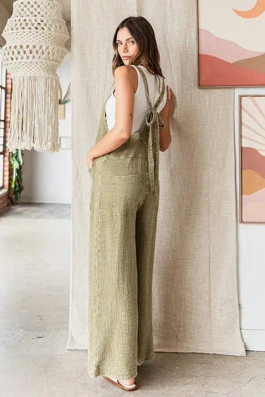 Olive Textured Wide Leg Overalls - Overalls