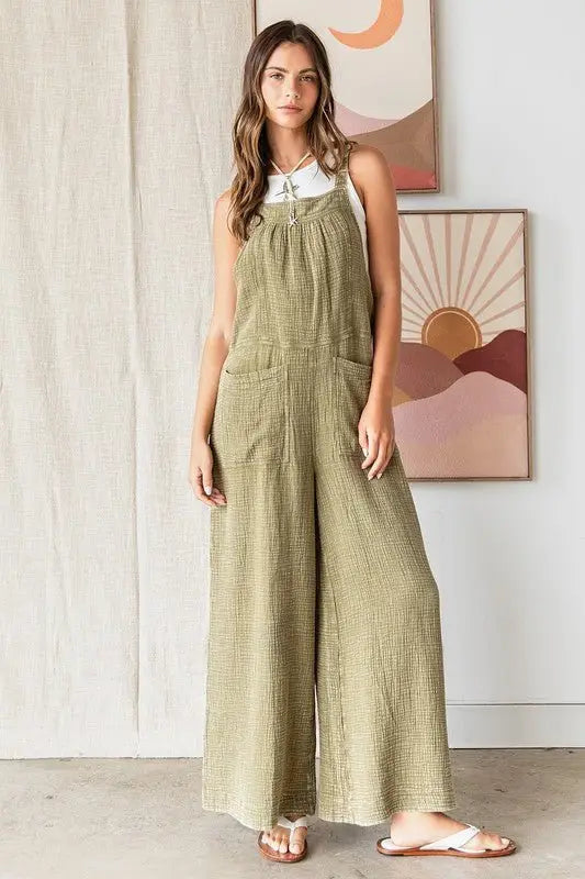 Olive Textured Wide Leg Overalls - Overalls