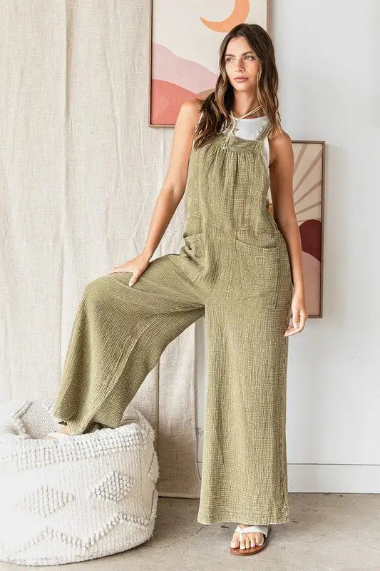 Olive Textured Wide Leg Overalls - Overalls