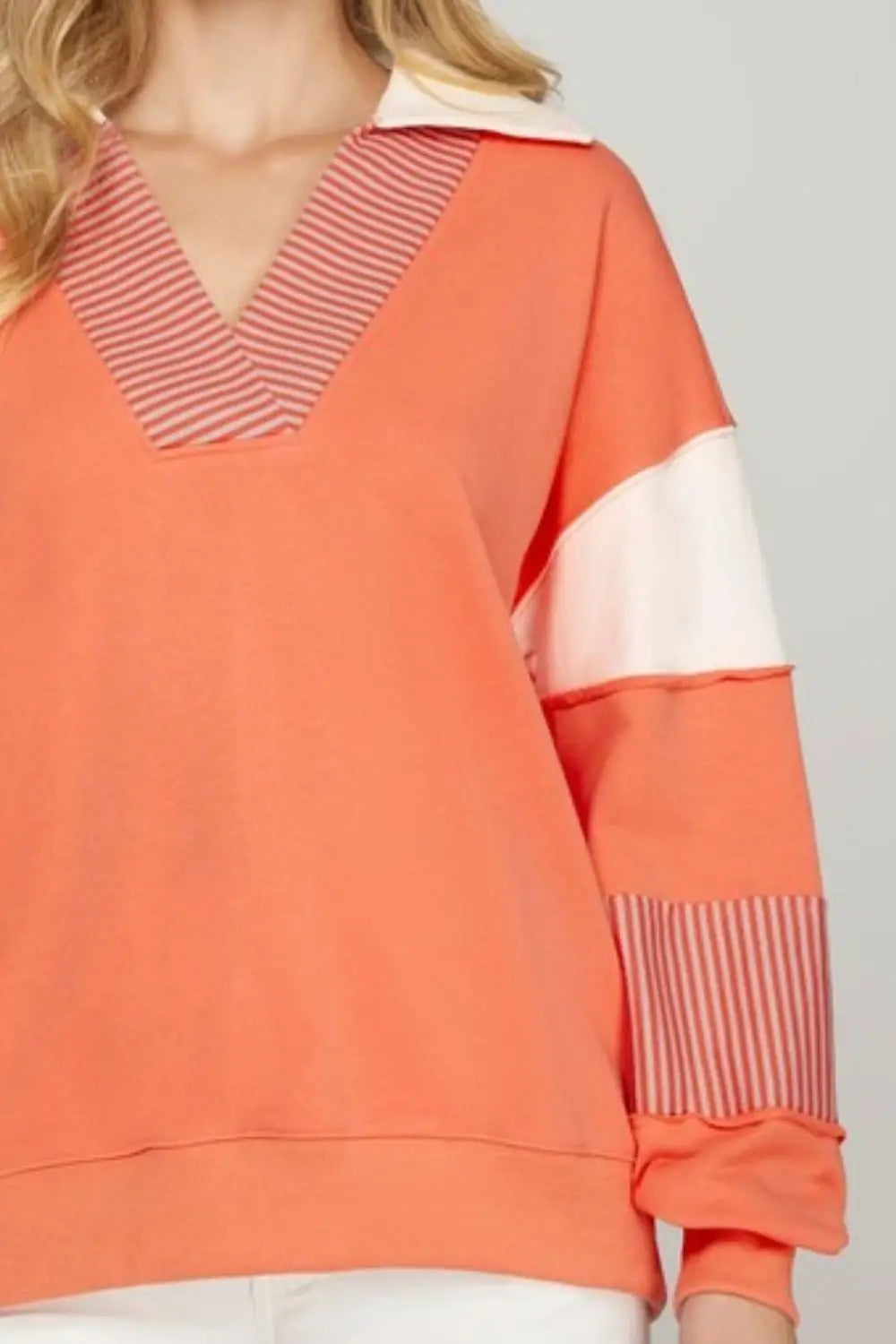 She + Sky Full Size Color Block Sleeve Johnny Collar French Terry Sweatshirt Plus Size - Eclectage