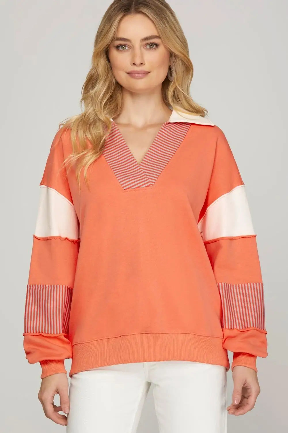 She + Sky Full Size Color Block Sleeve Johnny Collar French Terry Sweatshirt Plus Size - Eclectage