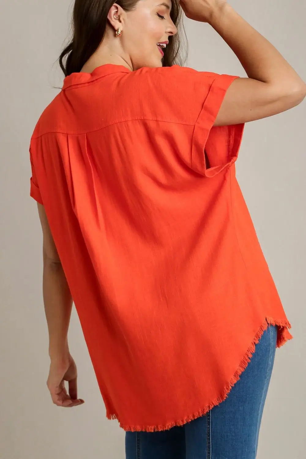 Orange Linen Blend Button Down Shirt - Short Sleeve Shirts