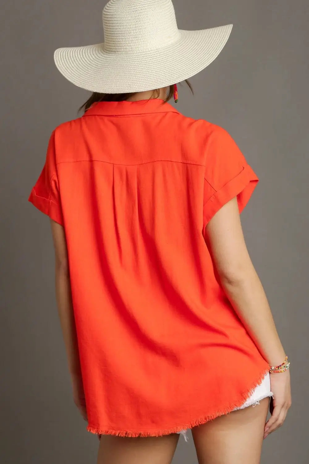 Orange Linen Blend Button Down Shirt - Short Sleeve Shirts