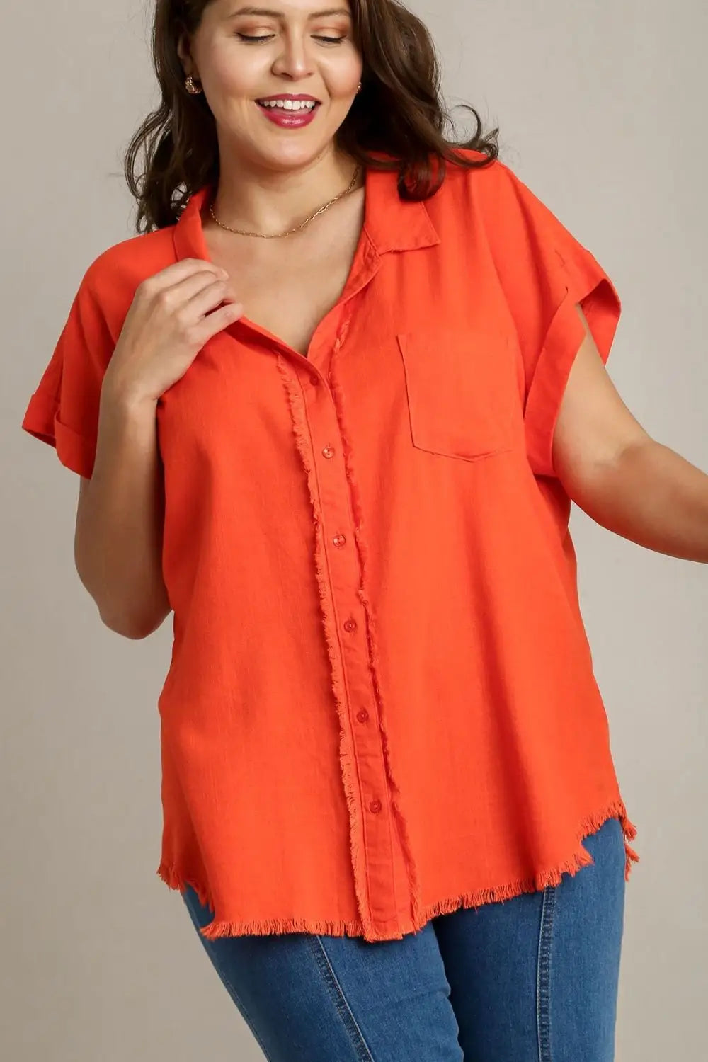 Orange Linen Blend Button Down Shirt - Short Sleeve Shirts