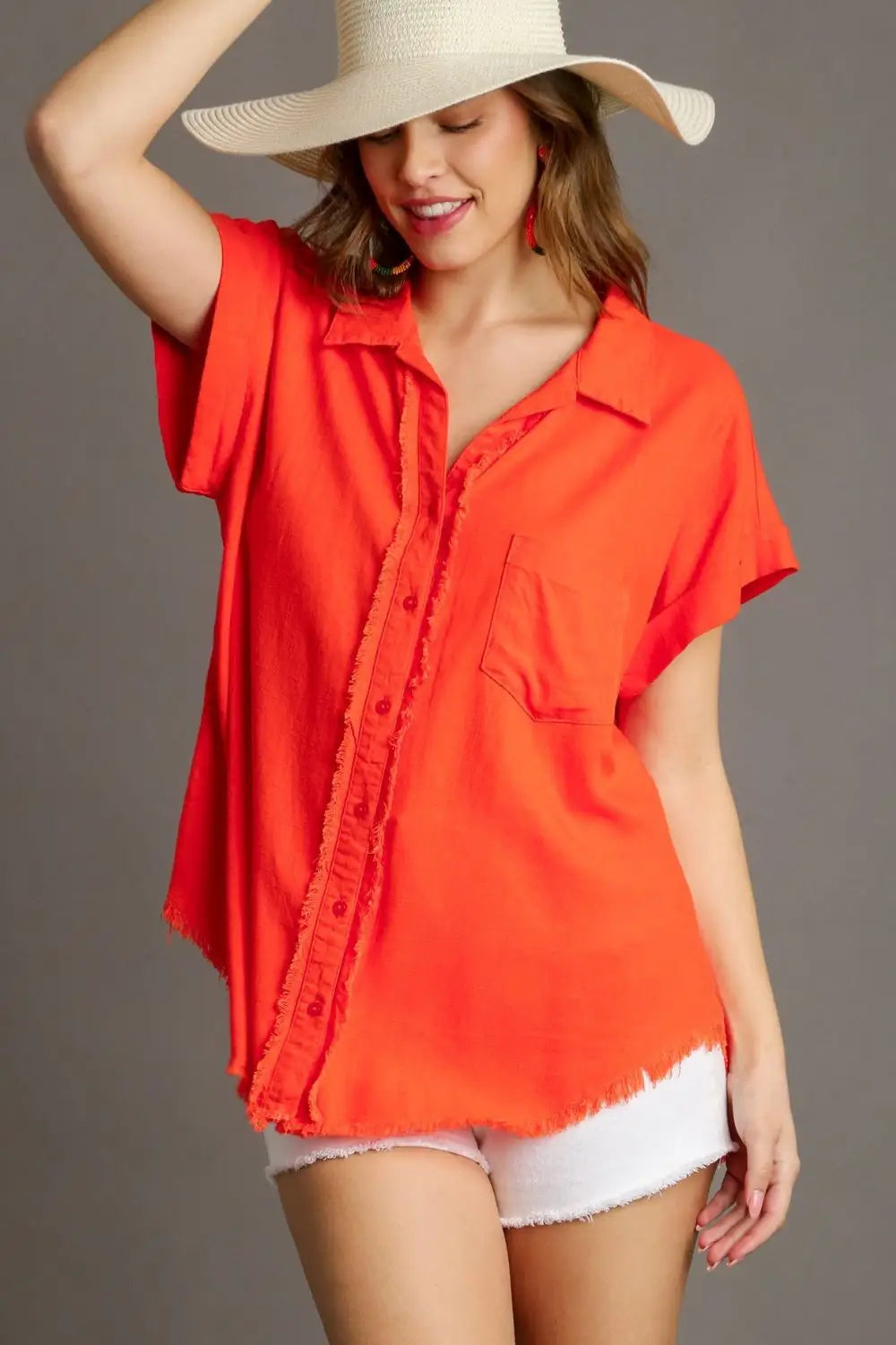 Orange Linen Blend Button Down Shirt - Short Sleeve Shirts