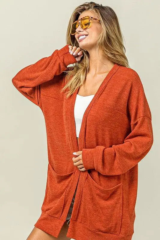 Orange Red Open Front Drop Shoulder Cardigan - Light Cardigans