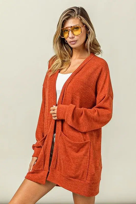 Orange Red Open Front Drop Shoulder Cardigan - Light Cardigans