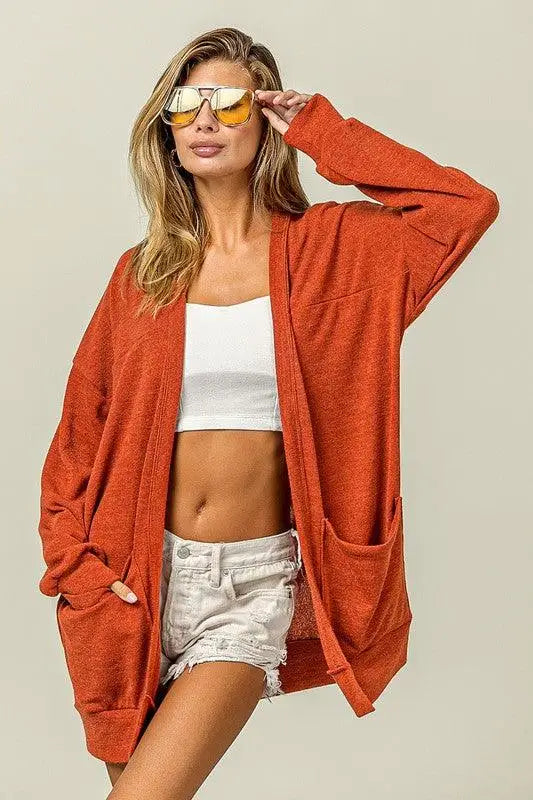 Orange Red Open Front Drop Shoulder Cardigan - Light Cardigans