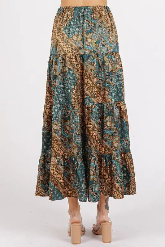 Paisley Patchwork Print Satin Maxi Skirt - Maxi Skirts